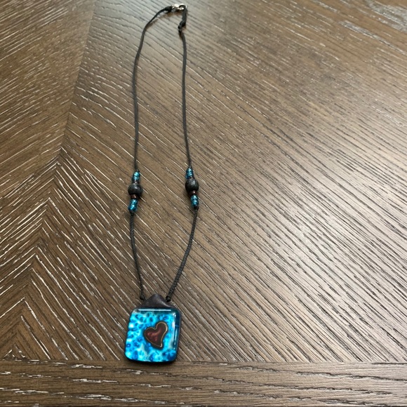 Artisan handmade blue square glass medallion cord leather necklace - Picture 9 of 10